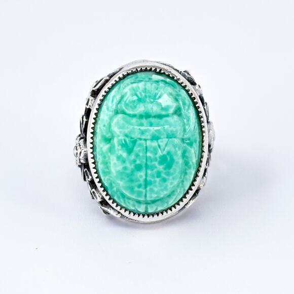 Vintage Sterling Silver 925 Ornate Green Resin Scarab Beetle Ring Size 4.5 - Picture 2 of 8
